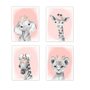 Baby Girl Nursery Wall Art Coral Floral Crown Safari Animals Elephant Giraffe Lion Zebra Room Decor 4 UNFRAMED PRINTS