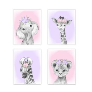 Baby Girl Nursery Wall Art Pink Purple Floral Crown Safari Animals Elephant Giraffe Lion Zebra Decor 4 UNFRAMED PRINTS