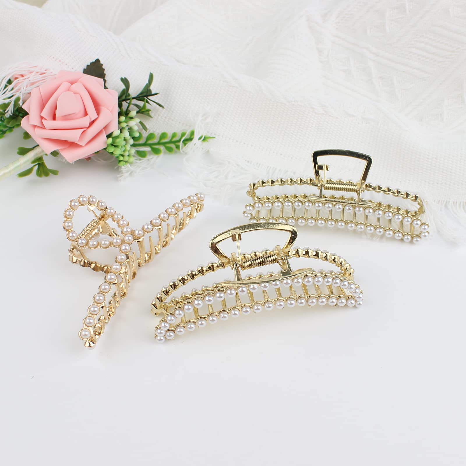 VinBee Pearl Hair Clips For Women, Large Metal Hair Claw Clips For Thick and Thin Hairs, Jaw Clamp Clips-3 Pack 4.5 Inches