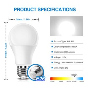 Neporal Full Spectrum Light Bulb, 6000K Natural Sunlight Bulbs, Cool White, 9W 60W Equivalent A19, E26/E27 LED Light Bulbs for Study Office Bedroom Living Room, Pack of 3