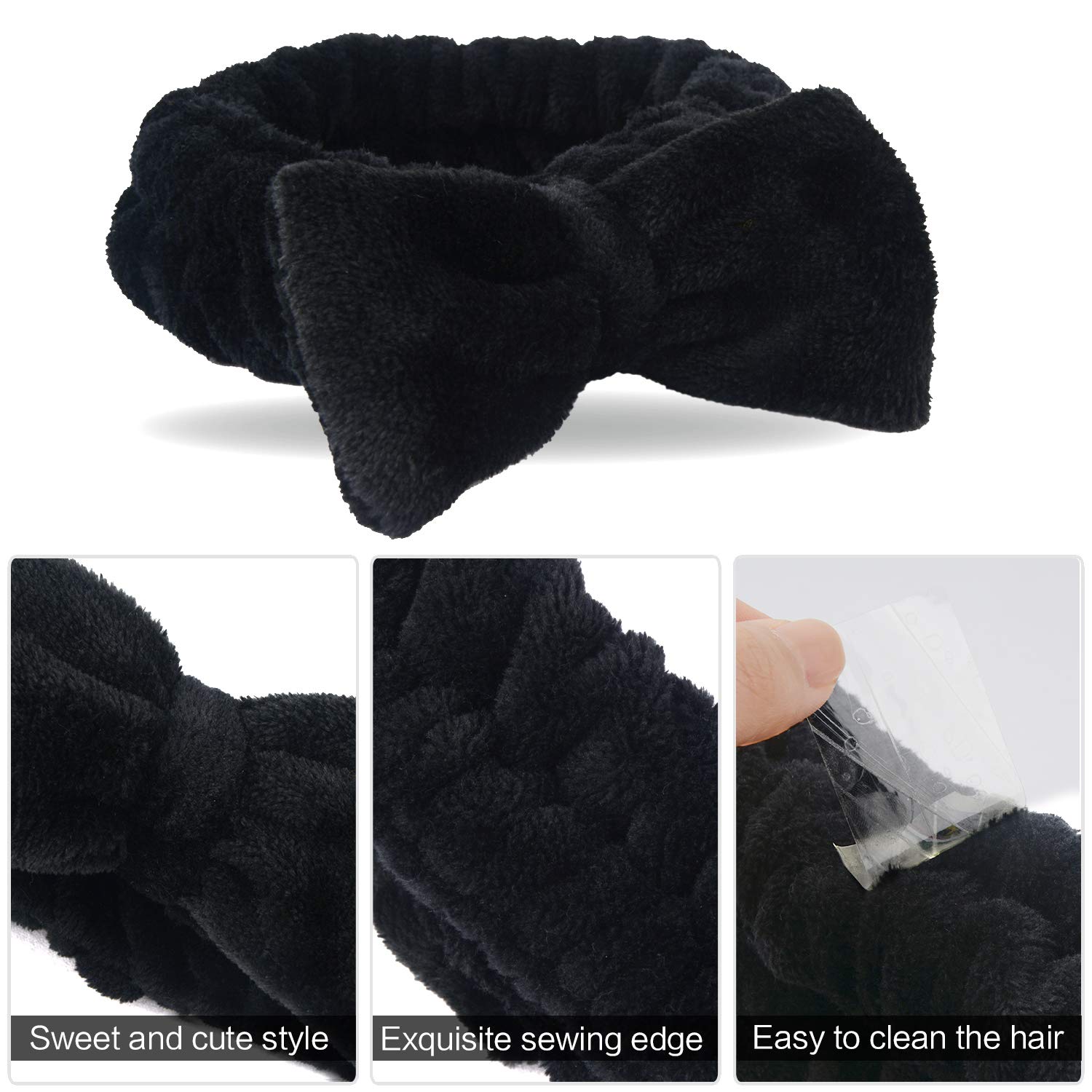 SINLAND Spa Facial Headband Bow Hairband for Women and Girls Facial Makeup and Washing Face Elastic Head Wrap for Sports Yoga Shower 3Pack Black