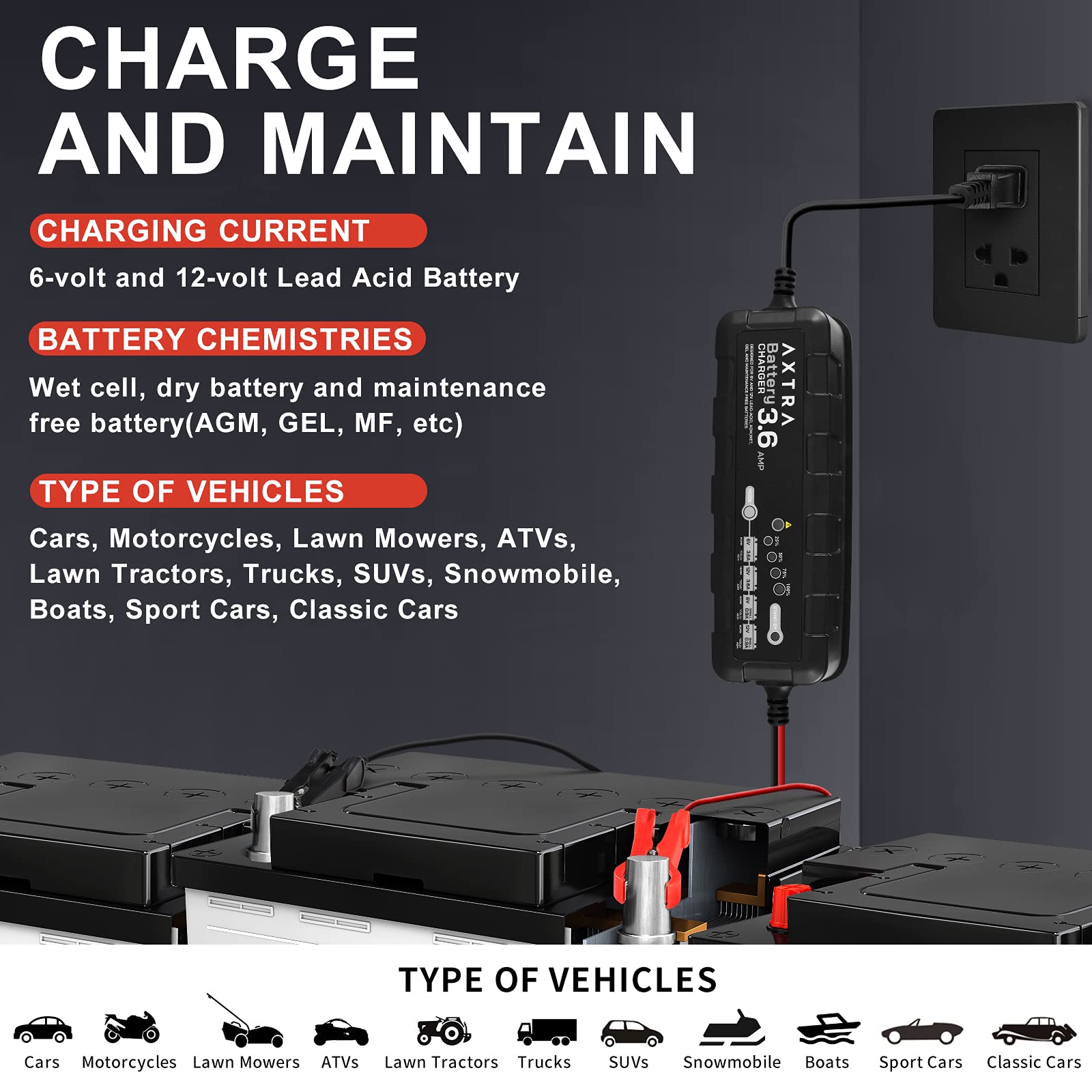 AXTRA 6V and 12V Car Battery Charger, 3.6-Amp Fully-Automatic Smart Battery Maintainer for Car, SUV, Truck, Motorcycle, Boat, RV, Lawn Tractors, ATV - (Lead Acid, AGM, Sealed, GEL, SLA, Flooded)