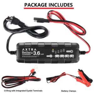 AXTRA 6V and 12V Car Battery Charger, 3.6-Amp Fully-Automatic Smart Battery Maintainer for Car, SUV, Truck, Motorcycle, Boat, RV, Lawn Tractors, ATV - (Lead Acid, AGM, Sealed, GEL, SLA, Flooded)