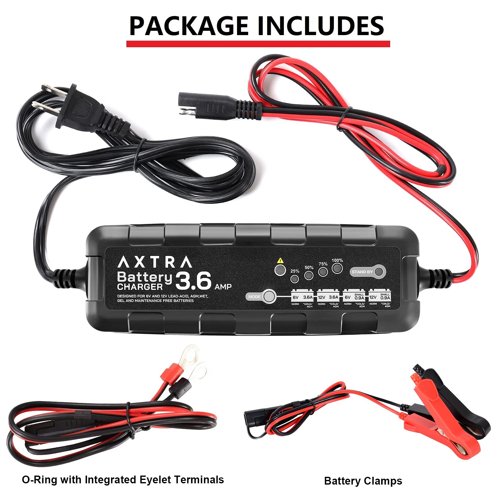 AXTRA 6V and 12V Car Battery Charger, 3.6-Amp Fully-Automatic Smart Battery Maintainer for Car, SUV, Truck, Motorcycle, Boat, RV, Lawn Tractors, ATV - (Lead Acid, AGM, Sealed, GEL, SLA, Flooded)