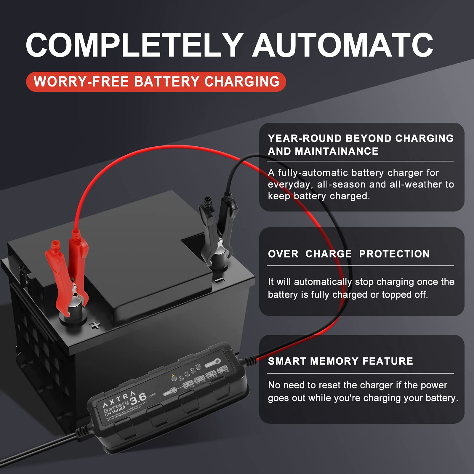 AXTRA 6V and 12V Car Battery Charger, 3.6-Amp Fully-Automatic Smart Battery Maintainer for Car, SUV, Truck, Motorcycle, Boat, RV, Lawn Tractors, ATV - (Lead Acid, AGM, Sealed, GEL, SLA, Flooded)