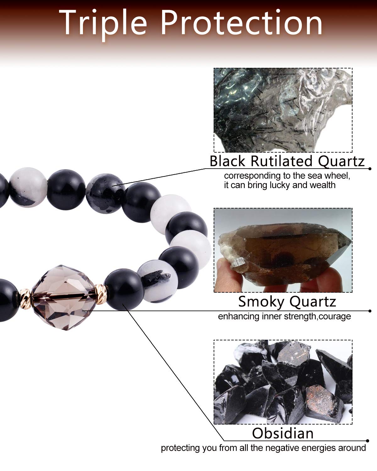 Jewever Triple Protection Bracelets Healing Energy Crystals Stones wealth bracelet for Women(Black Rutilated Quartz/Smoky Quartz/Obsidian 8mm)