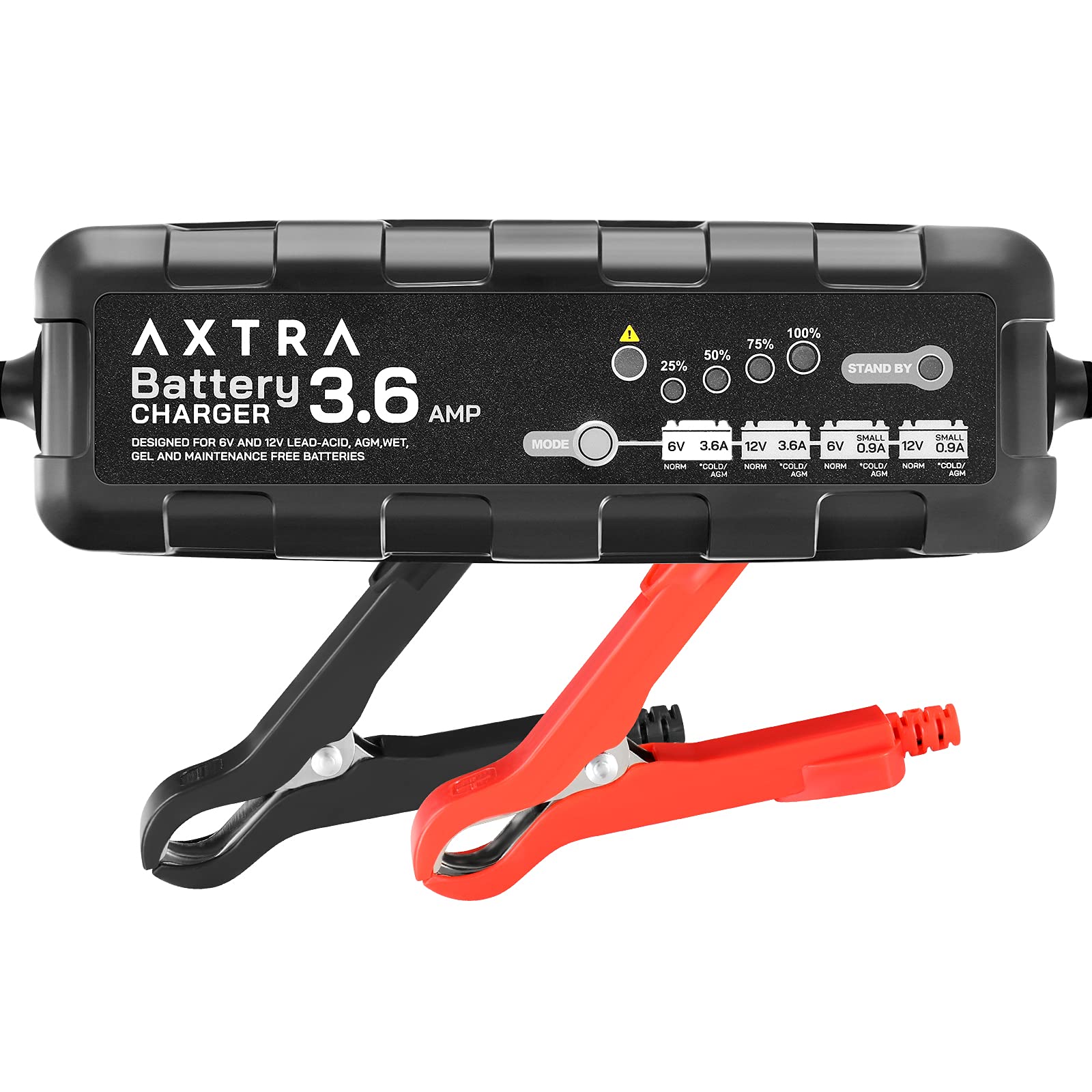 AXTRA 6V and 12V Car Battery Charger, 3.6-Amp Fully-Automatic Smart Battery Maintainer for Car, SUV, Truck, Motorcycle, Boat, RV, Lawn Tractors, ATV - (Lead Acid, AGM, Sealed, GEL, SLA, Flooded)