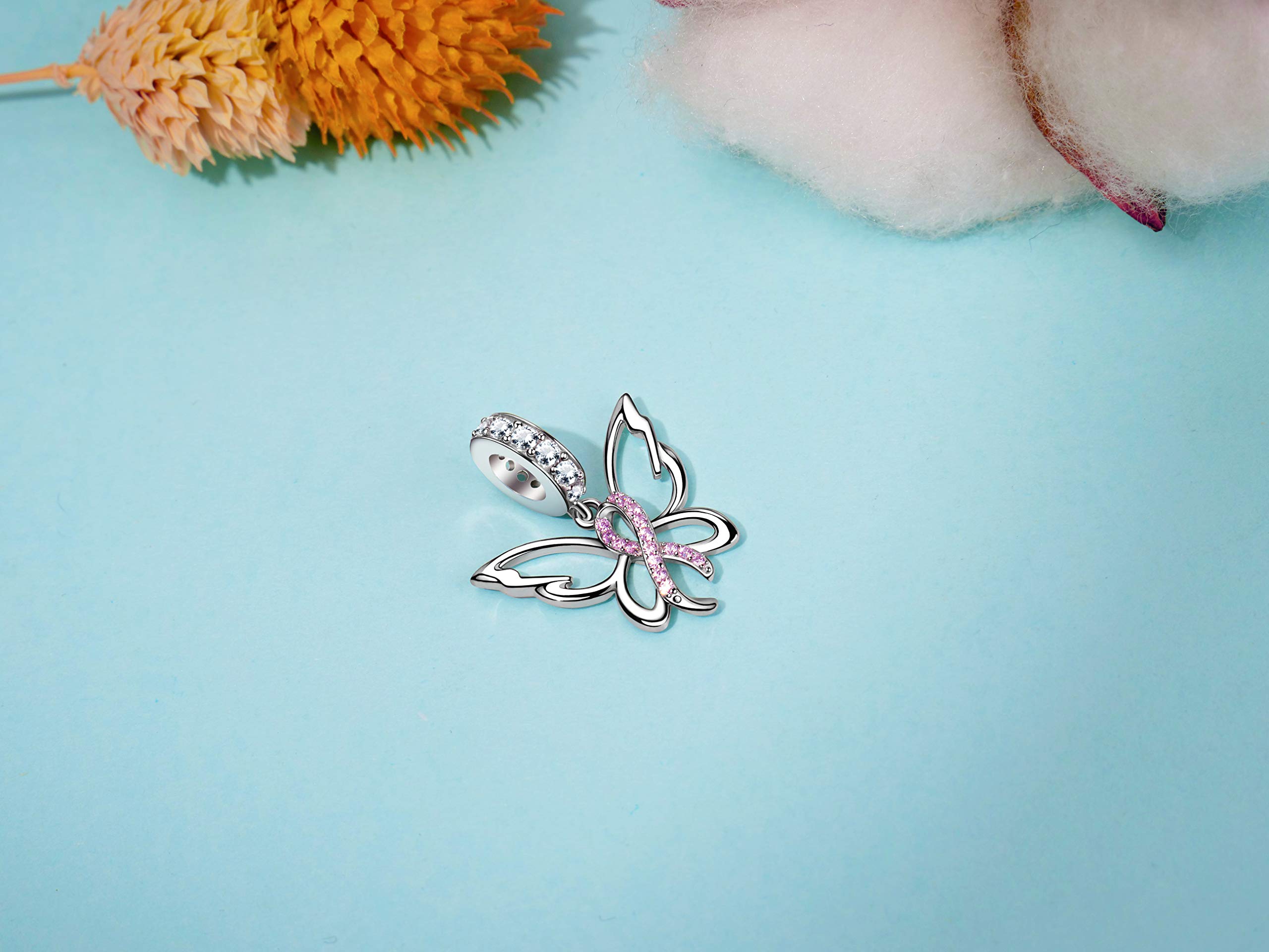 LEECCI Breast Cancer Awareness Charm Butterfly Pink Ribbon Charm for Bracelet 925 Sterling Silver Women's Charm Bead Bracelets with Cubic Zirconia Breast Cancer Survivor Gifts for Women