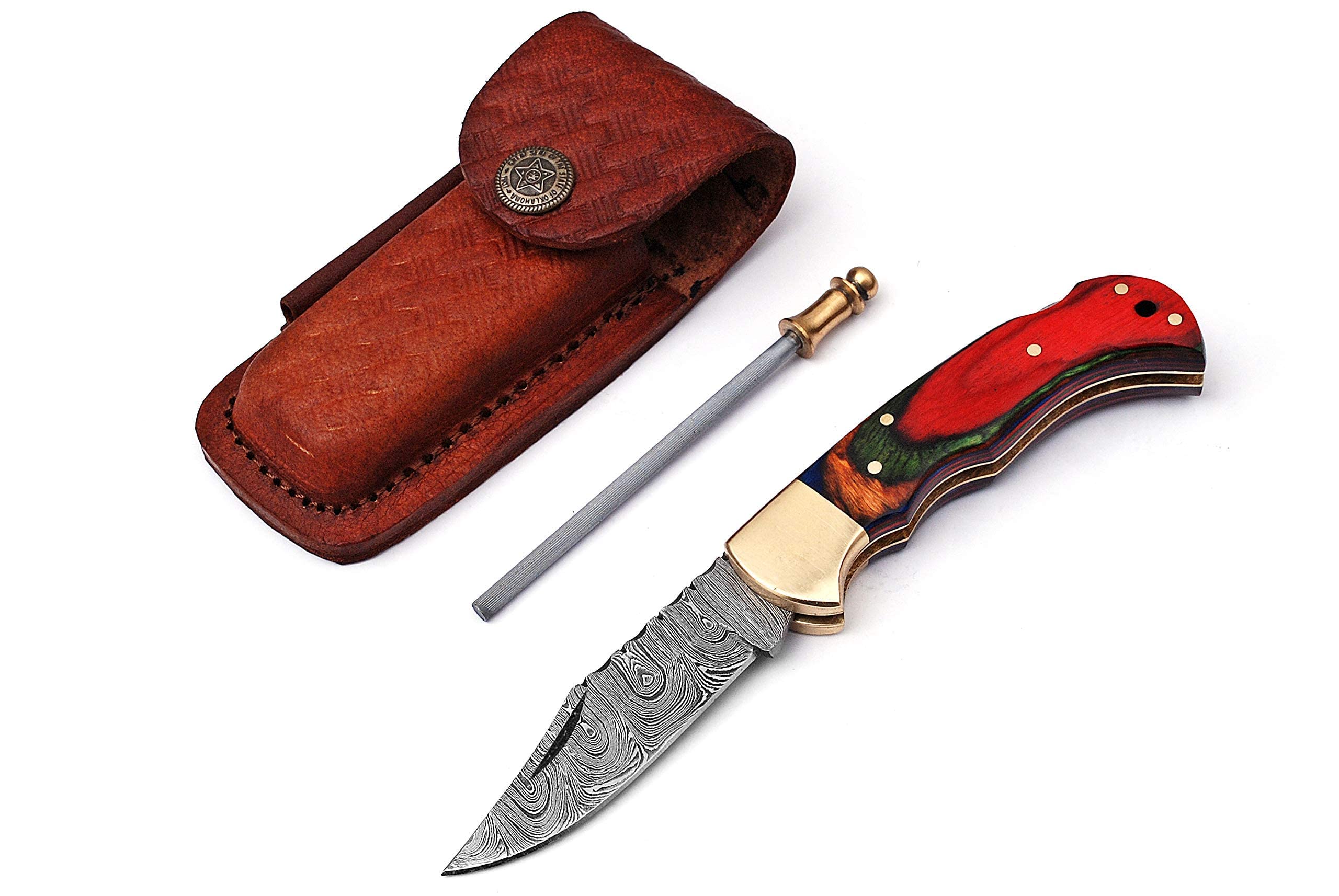 Handmade Damascus Steel Pocket Knife & Knife Sharpener - Damascus Folding Knife - Pocket Knife for Men, EDC Knife & Hunting Knife with Back Lock & Beautiful Pakka Wood Handle with Leather Knife Sheath