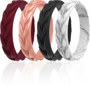 ThunderFit Silicone Wedding Rings for Women, Leaf Design Rubber Engagement Bands 5.2mm Wide 2mm Thick - 1/4/7 Variety Multipack (Dark Red, Rose Gold A, Black, Marble - Size 8.5-9 (18.9mm))