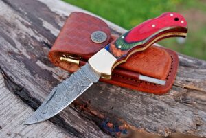 handmade damascus steel pocket knife & knife sharpener - damascus folding knife - pocket knife for men, edc knife & hunting knife with back lock & beautiful pakka wood handle with leather knife sheath