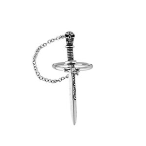 angwang Ring,Gothic Punk Skull Sword Movable Plug-in Finger Ring Medieval Knight Dagger Chain Ring Band Vintage Statement Jewelry Silver