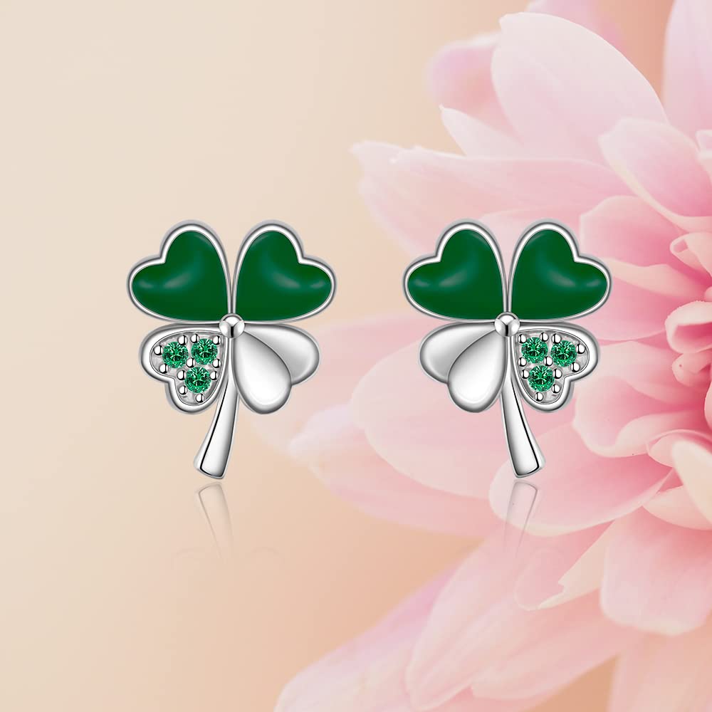 S925 Sterling Silver Heart Four Leaf Clover Shamrock Earrings for Women Irish Emerald Crystal Piercing Stud Charm Valentine ST Patricks Day Earring