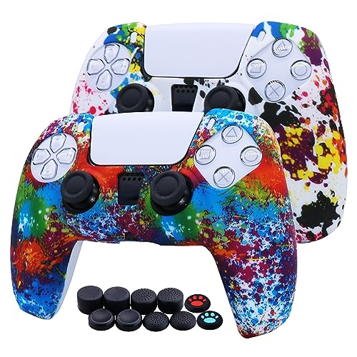 [2 Pack] Jusy Compatible with PS5 Controller Soft Silicone Skin, Sweat-Proof Dust-Proof Anti-Slip Case Cover Protective Accessories Set for PS5 DualSense Controller, with 10 Thumb Grips (Graffiti)