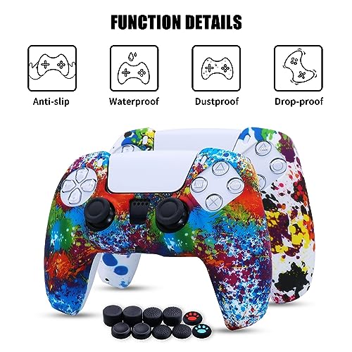 [2 Pack] Jusy Compatible with PS5 Controller Soft Silicone Skin, Sweat-Proof Dust-Proof Anti-Slip Case Cover Protective Accessories Set for PS5 DualSense Controller, with 10 Thumb Grips (Graffiti)