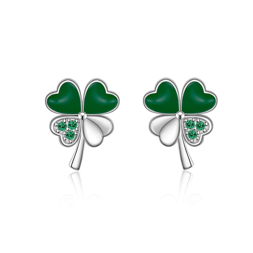 S925 Sterling Silver Heart Four Leaf Clover Shamrock Earrings for Women Irish Emerald Crystal Piercing Stud Charm Valentine ST Patricks Day Earring