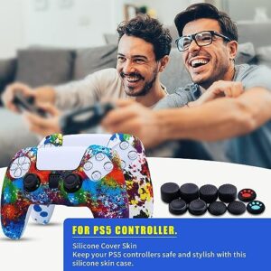 [2 Pack] Jusy Compatible with PS5 Controller Soft Silicone Skin, Sweat-Proof Dust-Proof Anti-Slip Case Cover Protective Accessories Set for PS5 DualSense Controller, with 10 Thumb Grips (Graffiti)