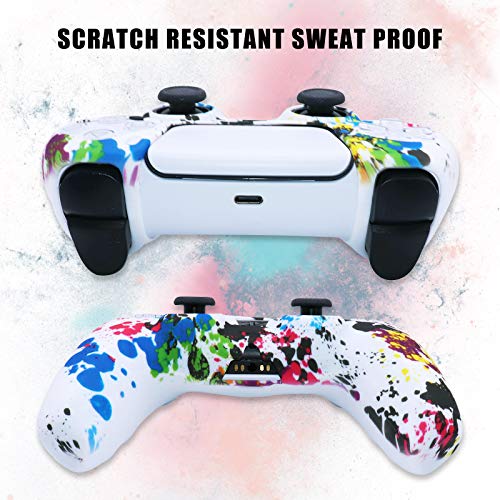 [2 Pack] Jusy Compatible with PS5 Controller Soft Silicone Skin, Sweat-Proof Dust-Proof Anti-Slip Case Cover Protective Accessories Set for PS5 DualSense Controller, with 10 Thumb Grips (Graffiti)