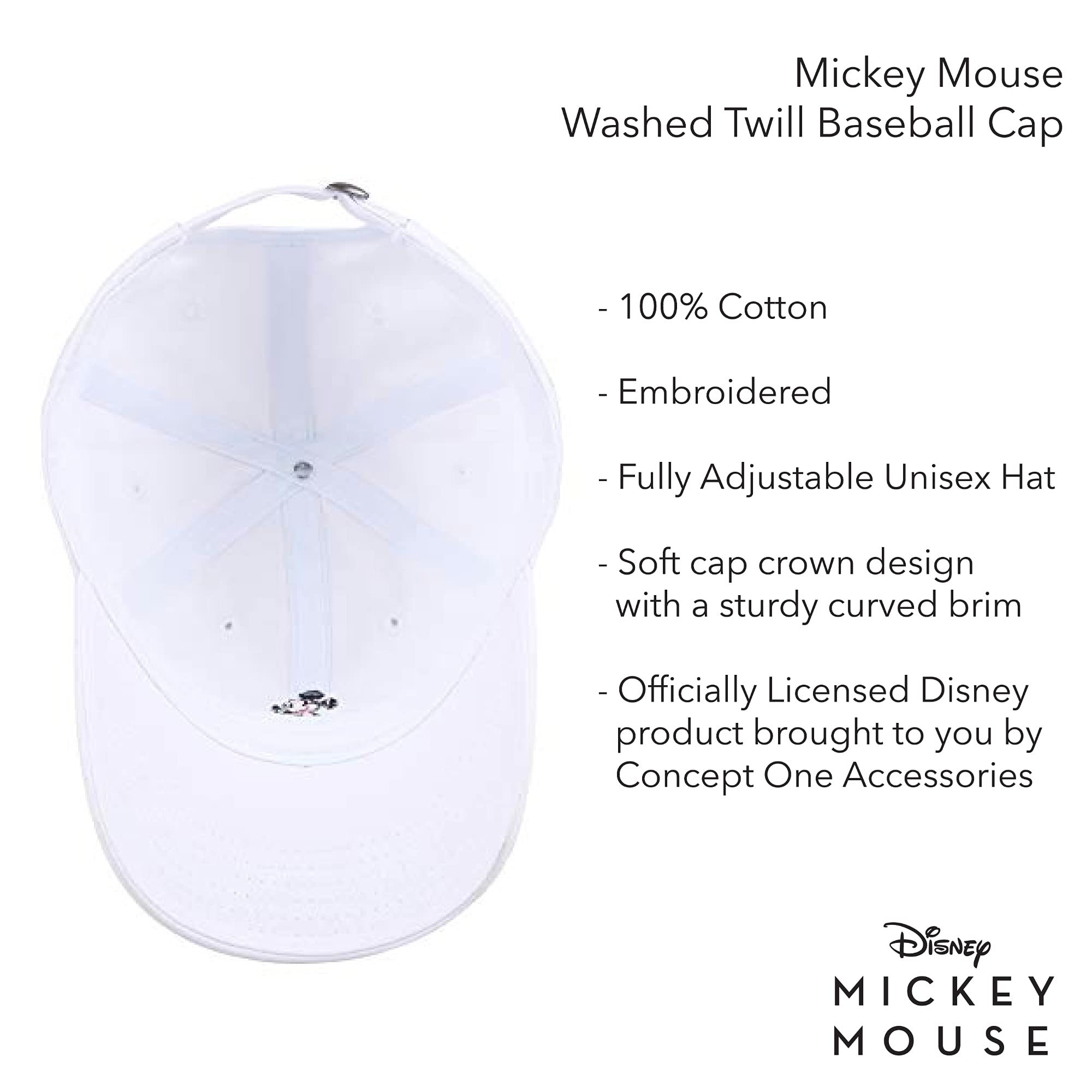 Disney Mickey Mouse Embroidered Cotton Adjustable Dad Hat with Curved Brim, White Washed, One Size