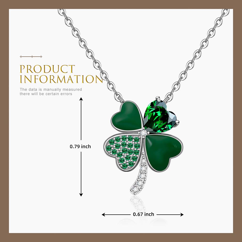 ST Patricks Day Irish Four Leaf Clover Shamrock Necklace for Women Heart 925 Sterling Silver Charm Fashion Green Love Emerald Pendant Choker Diamond Crystal Prom Valentine Necklaces