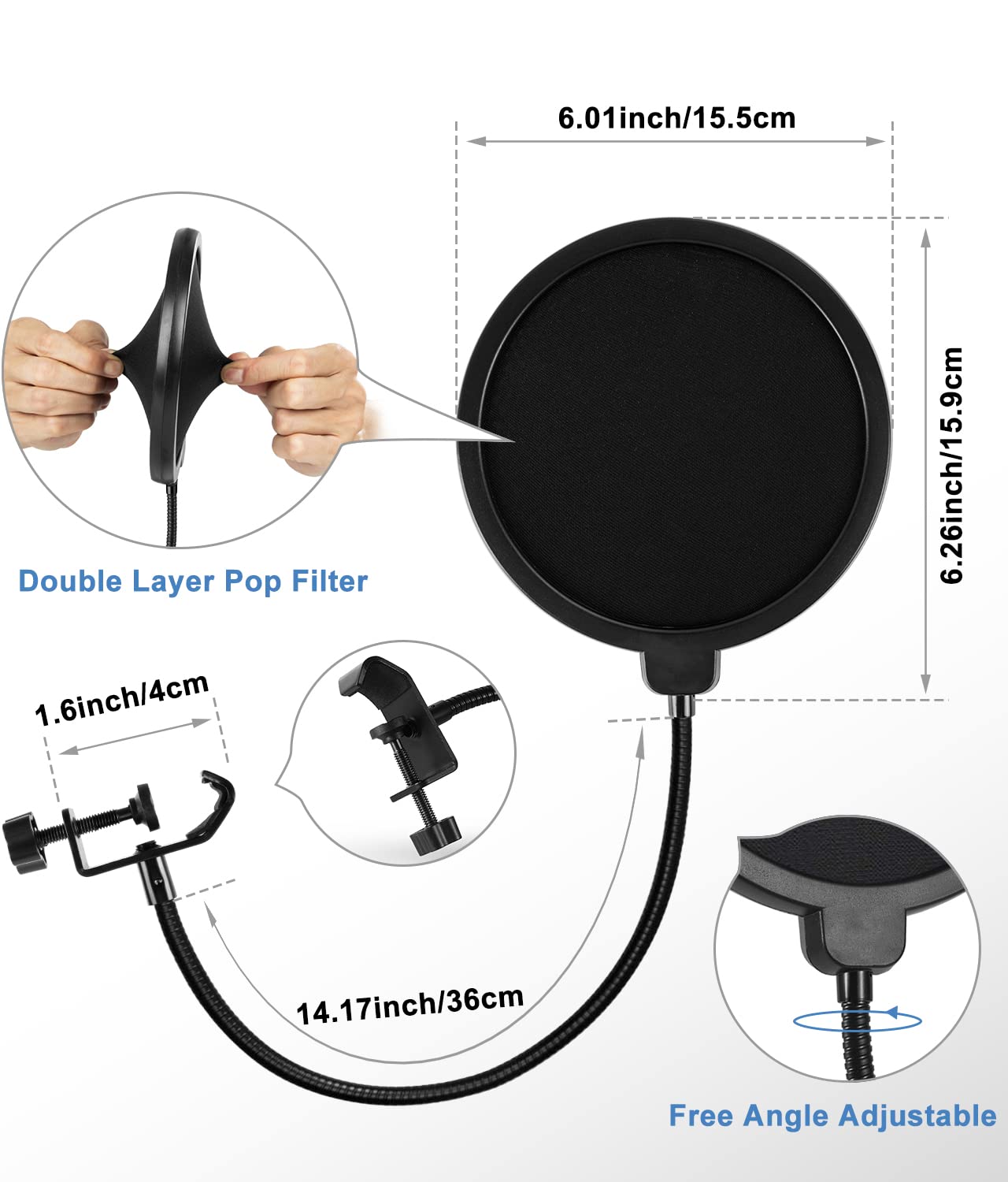 BILIONE Upgraded Desktop Microphone Stand, Adjustable Mic Stand Desk with Pop Filter, Shock Mount, Microphone Clip, 5/8" to 3/8" Metal Screw Adapter