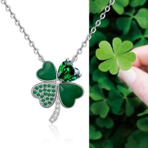 ST Patricks Day Irish Four Leaf Clover Shamrock Necklace for Women Heart 925 Sterling Silver Charm Fashion Green Love Emerald Pendant Choker Diamond Crystal Prom Valentine Necklaces