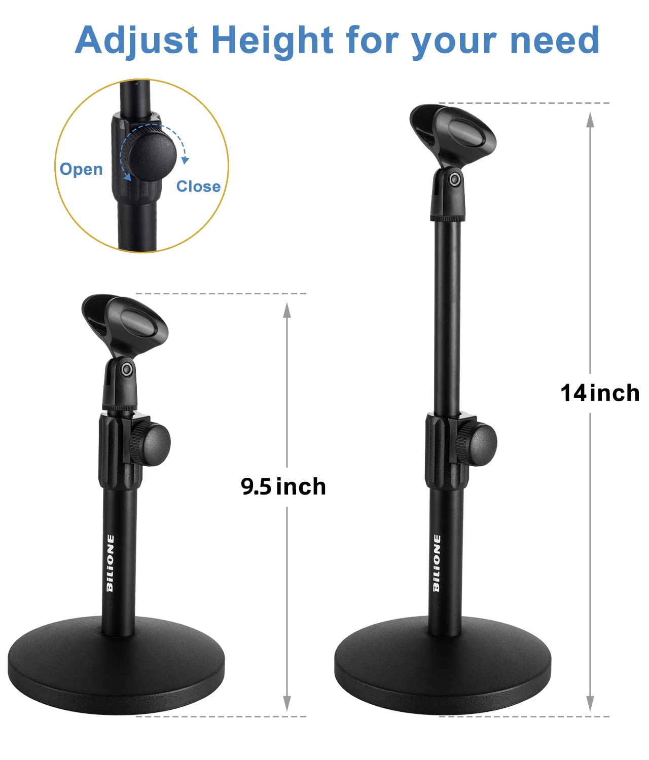 BILIONE Upgraded Desktop Microphone Stand, Adjustable Mic Stand Desk with Pop Filter, Shock Mount, Microphone Clip, 5/8" to 3/8" Metal Screw Adapter