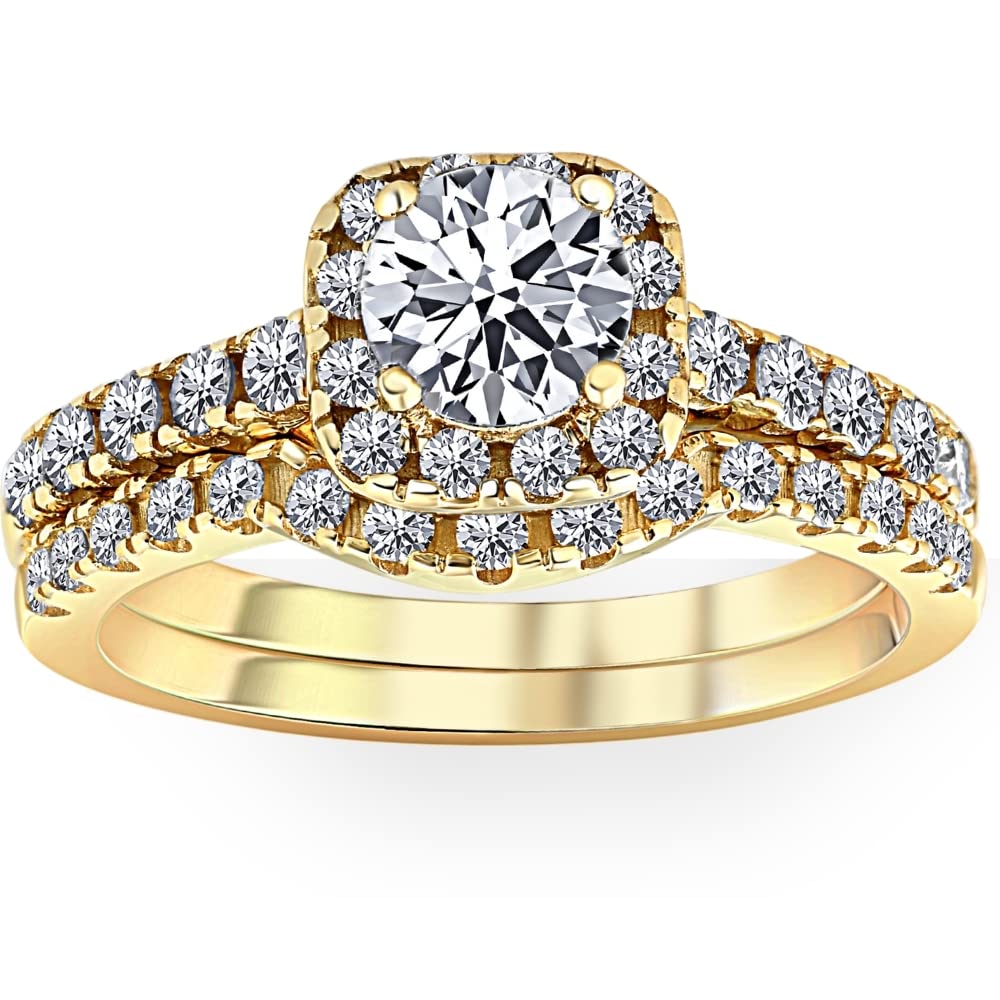 1 1/4Ct Diamond Cushion Halo Engagement Wedding Ring Set 10k Yellow Gold - Size 4