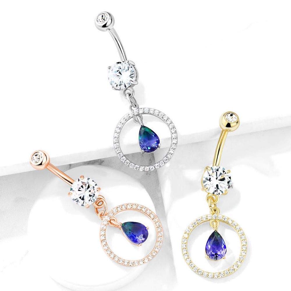 CZ Paved Circle with Pear Shaped Green and Blue Two Tone CZ Dangle Double Jeweled 316L Surgical Steel Belly Button Navel Rings (Gold/Clear)