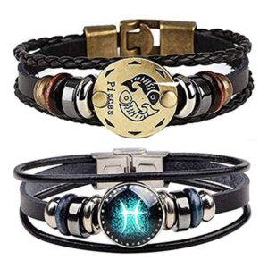 NIGHTCRUZ Constellation Braided Rope Bracelet - Punk Alloy Leather Bracelet - Hand Woven Braided Rope Bracelet Punk Chain Cuff 2 PCS (Pisces)