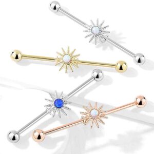 Covet Jewelry Opal Center Sunburst 316L Surgical Steel Industrial Barbell (Rose Gold/Opal White)