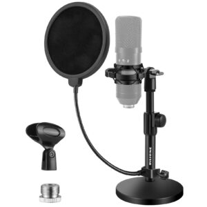 bilione upgraded desktop microphone stand, adjustable mic stand desk with pop filter, shock mount, microphone clip, 5/8" to 3/8" metal screw adapter