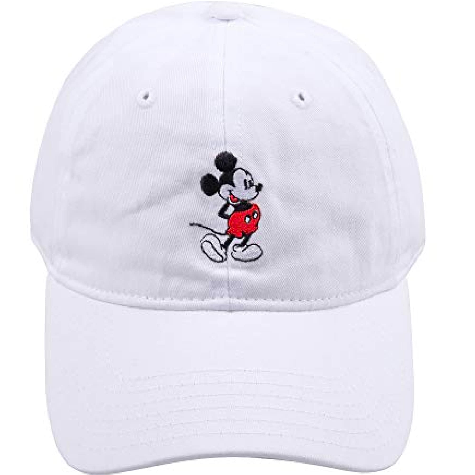 Disney Mickey Mouse Embroidered Cotton Adjustable Dad Hat with Curved Brim, White Washed, One Size