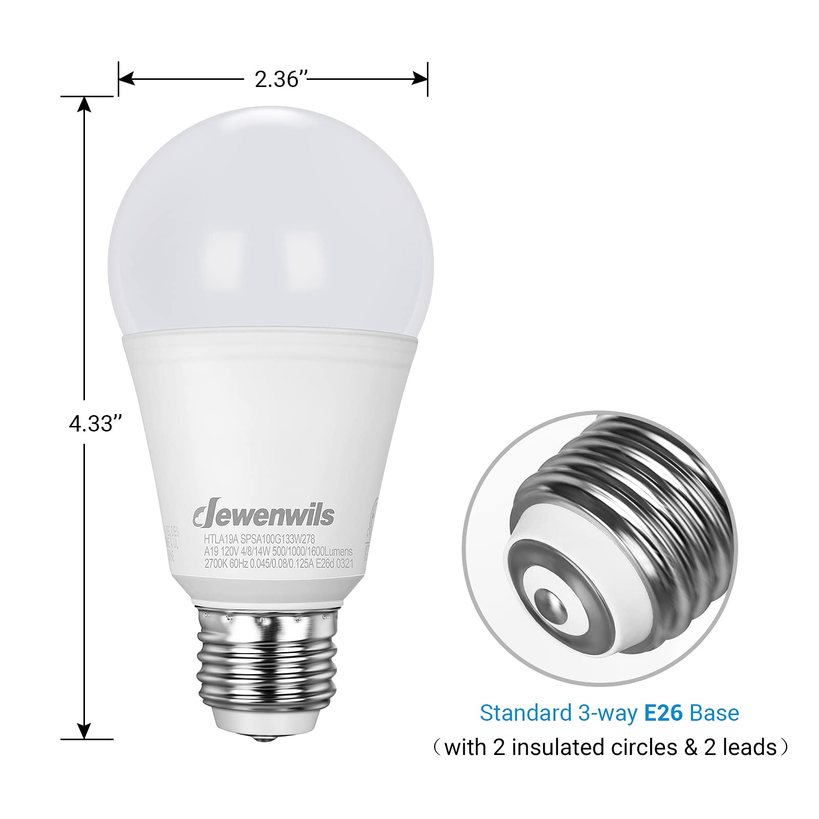 DEWENWILS LED 3 Way Light Bulbs, 40/60/100W Equivalent Three Way A19 LED Light Bulbs, E26 Medium Base 2700K Warm White Glow, 500/1000/1600LM Bright Light Bulbs, Non-dimmable, ETL Listed, 4-Pack