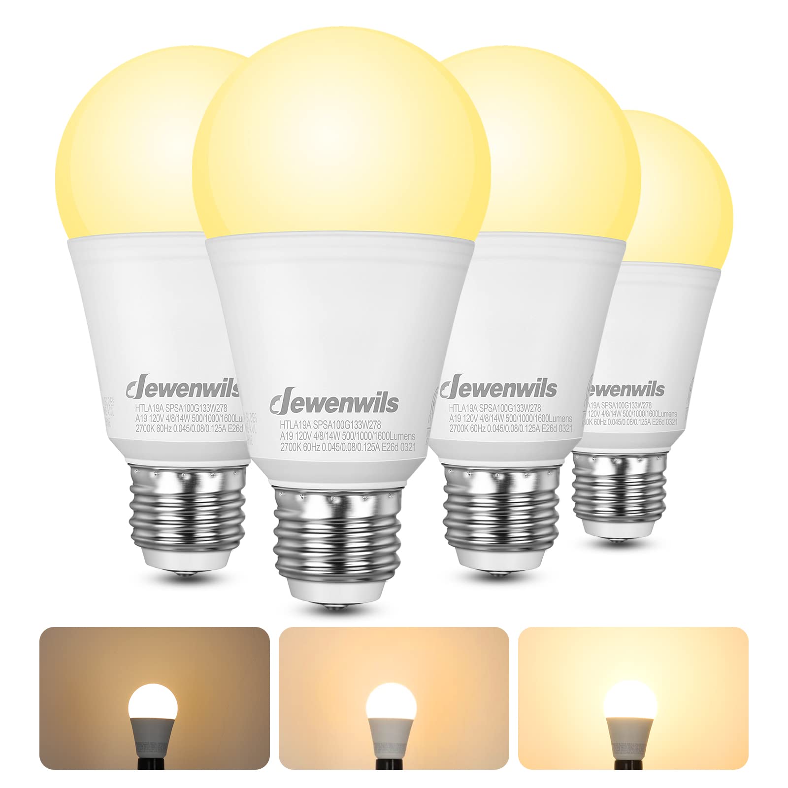 DEWENWILS LED 3 Way Light Bulbs, 40/60/100W Equivalent Three Way A19 LED Light Bulbs, E26 Medium Base 2700K Warm White Glow, 500/1000/1600LM Bright Light Bulbs, Non-dimmable, ETL Listed, 4-Pack