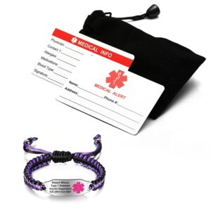 Medical Alert Bracelets for Women Personalized | Custom Medical Alert ID Bracelets Free Engraved | Tow-tone Purple&Black Polyester Rope Hand-made Braided Bracelet, Adjustable (6.5-8.5 inches)