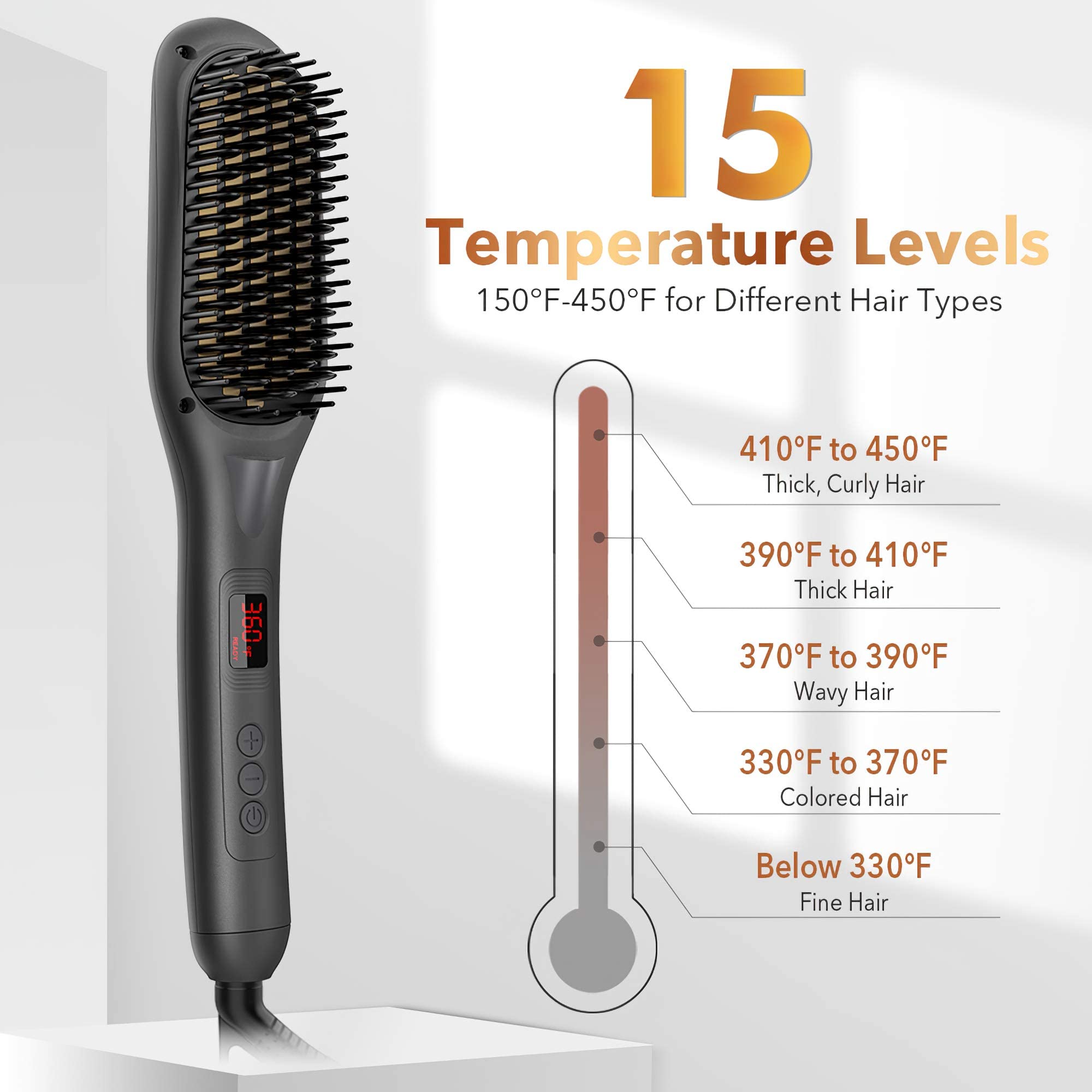 Hair Straightener Brush, Ionic Hair Straightener Comb for Home Salon, Hot Brush with 15 Temp for Universal Use, Auto-Off Safety with Anti-Scald