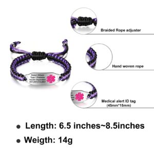 Medical Alert Bracelets for Women Personalized | Custom Medical Alert ID Bracelets Free Engraved | Tow-tone Purple&Black Polyester Rope Hand-made Braided Bracelet, Adjustable (6.5-8.5 inches)