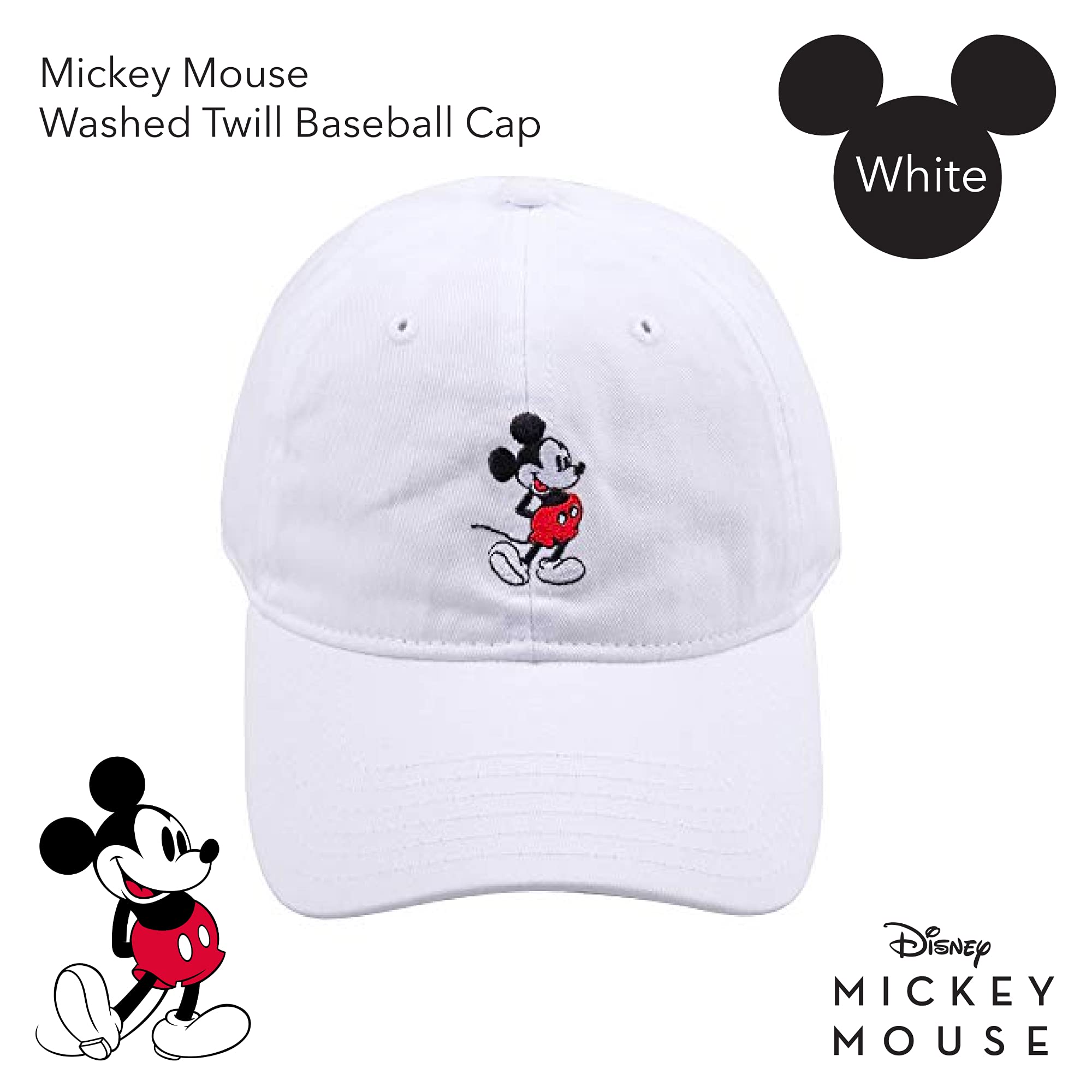 Disney Mickey Mouse Embroidered Cotton Adjustable Dad Hat with Curved Brim, White Washed, One Size