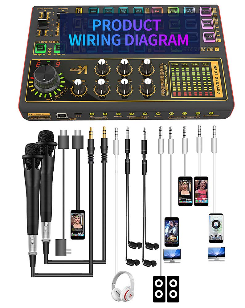 Professional Audio Mixer, K300 Live Sound Card and Audio Interface Sound Board with Multiple DJ Mixer Effects,Voice Changer and LED Light, Prefect for Streaming/Podcasting/Gaming/Recording/YouTube/PC