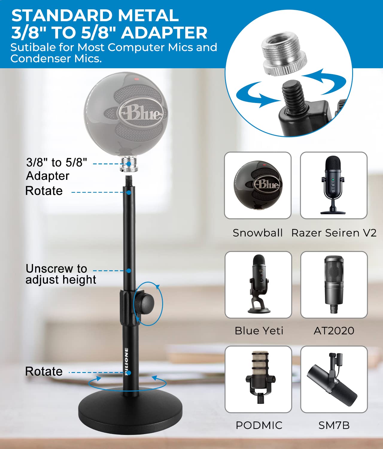 BILIONE Upgraded Desktop Microphone Stand, Adjustable Mic Stand Desk with Pop Filter, Shock Mount, Microphone Clip, 5/8" to 3/8" Metal Screw Adapter