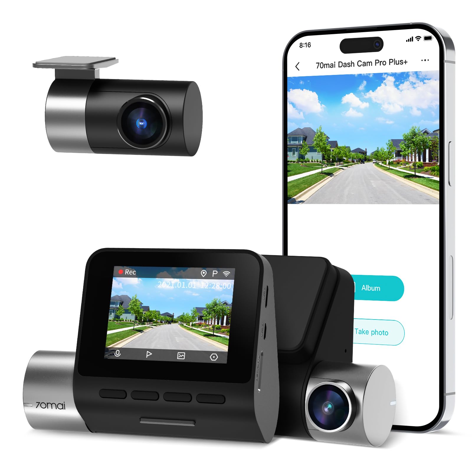 70mai True 2.7K 1944P Ultra Full HD Dash Cam Pro Plus+ A500S, Front and Rear, Built in WiFi GPS Smart Dash Camera for Cars, ADAS, Sony IMX335, 2'' IPS LCD Screen, WDR, Night Vision