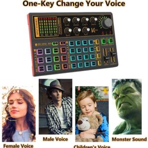 Professional Audio Mixer, K300 Live Sound Card and Audio Interface Sound Board with Multiple DJ Mixer Effects,Voice Changer and LED Light, Prefect for Streaming/Podcasting/Gaming/Recording/YouTube/PC