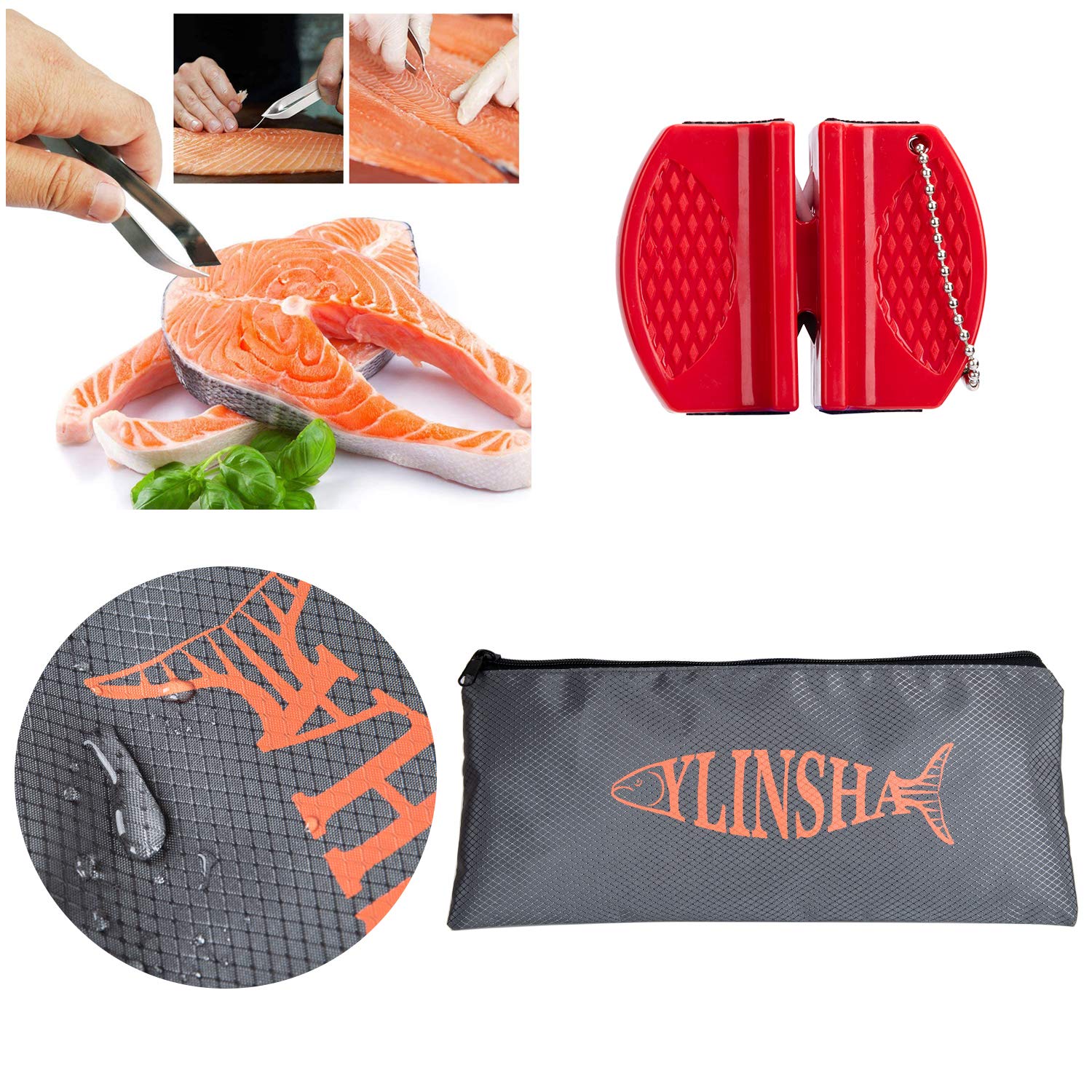 ylinsha Fishing Knife,Fish Cleaning Kit 7 PC set Fish Knife, Fish Scale Cleaning Brush, multi-functional Scissors, anti-cutting Gloves, Fishbone Tweezers, storage Bag