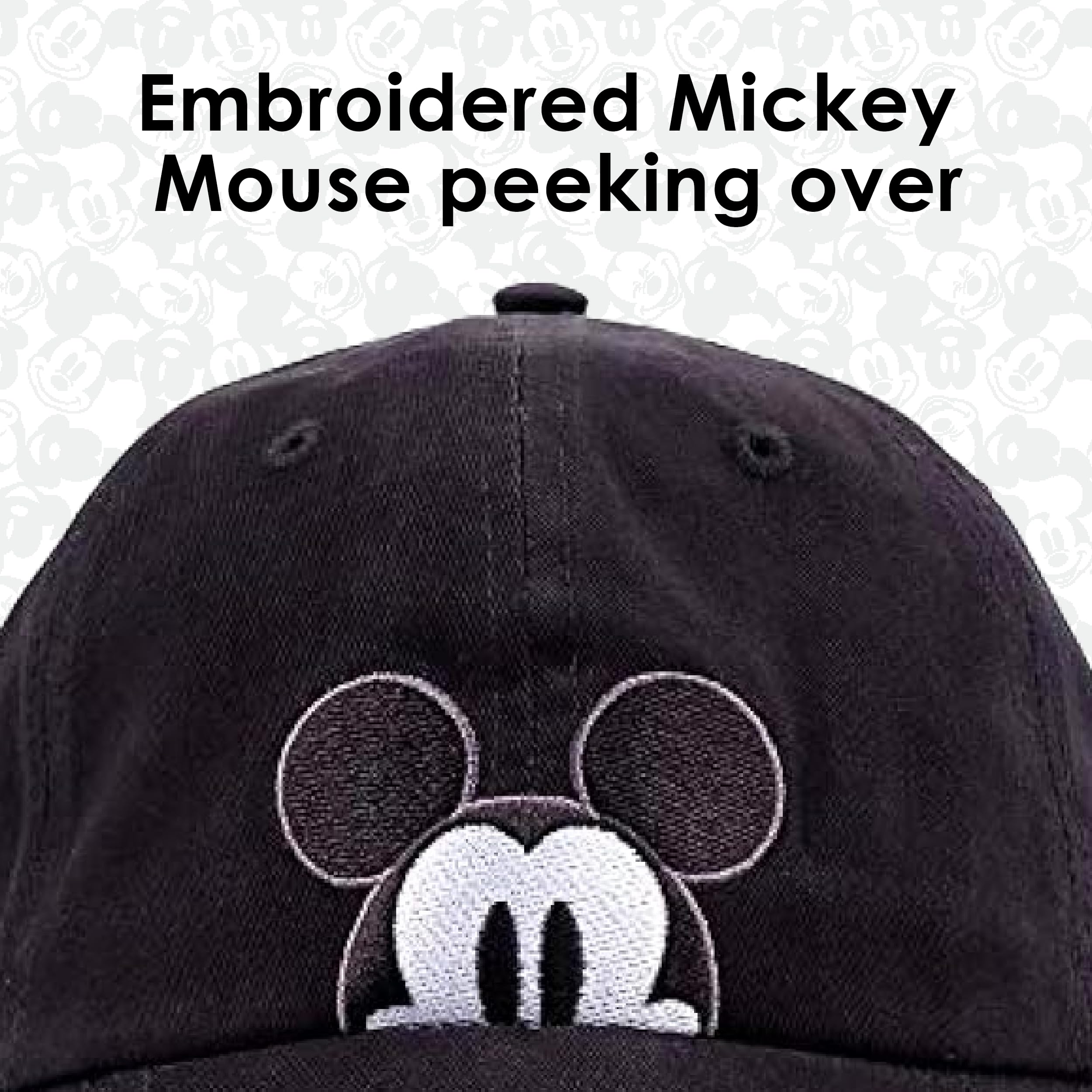 Disney Mickey Mouse Dad Hat, Peek-A-Boo Embroidered Adult Baseball Cap with Comic Strip Print Curved Brim, Black, One Size