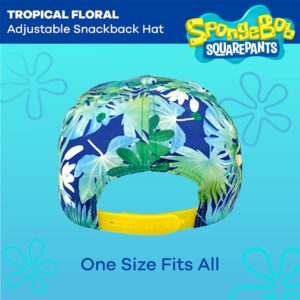 Spongebob Squarepants Baseball Cap, Tropical Floral Curved Brim Adjustable Snapback Hat, Blue and Green, One Size