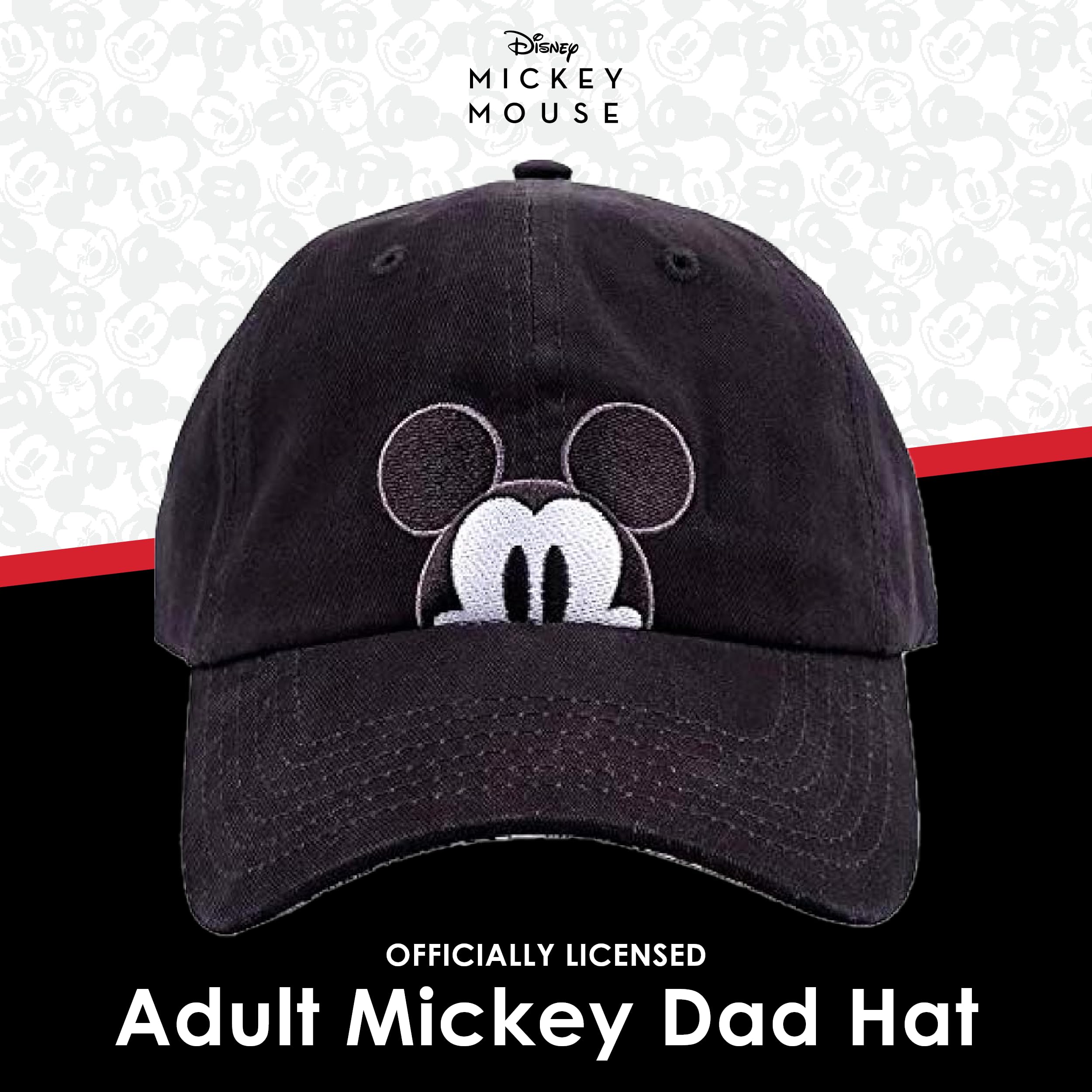 Disney Mickey Mouse Dad Hat, Peek-A-Boo Embroidered Adult Baseball Cap with Comic Strip Print Curved Brim, Black, One Size