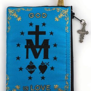 Catholic Rosary Pouch, Our Lady of Grace & Miraculous Medal Symbol, 4" x 6" Jewelry & Coin Purse with Cross, Small Woven Tapestry Icon Bag, Bolsa de Rosario Católico para Joyería