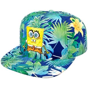 spongebob squarepants baseball cap, tropical floral curved brim adjustable snapback hat, blue and green, one size