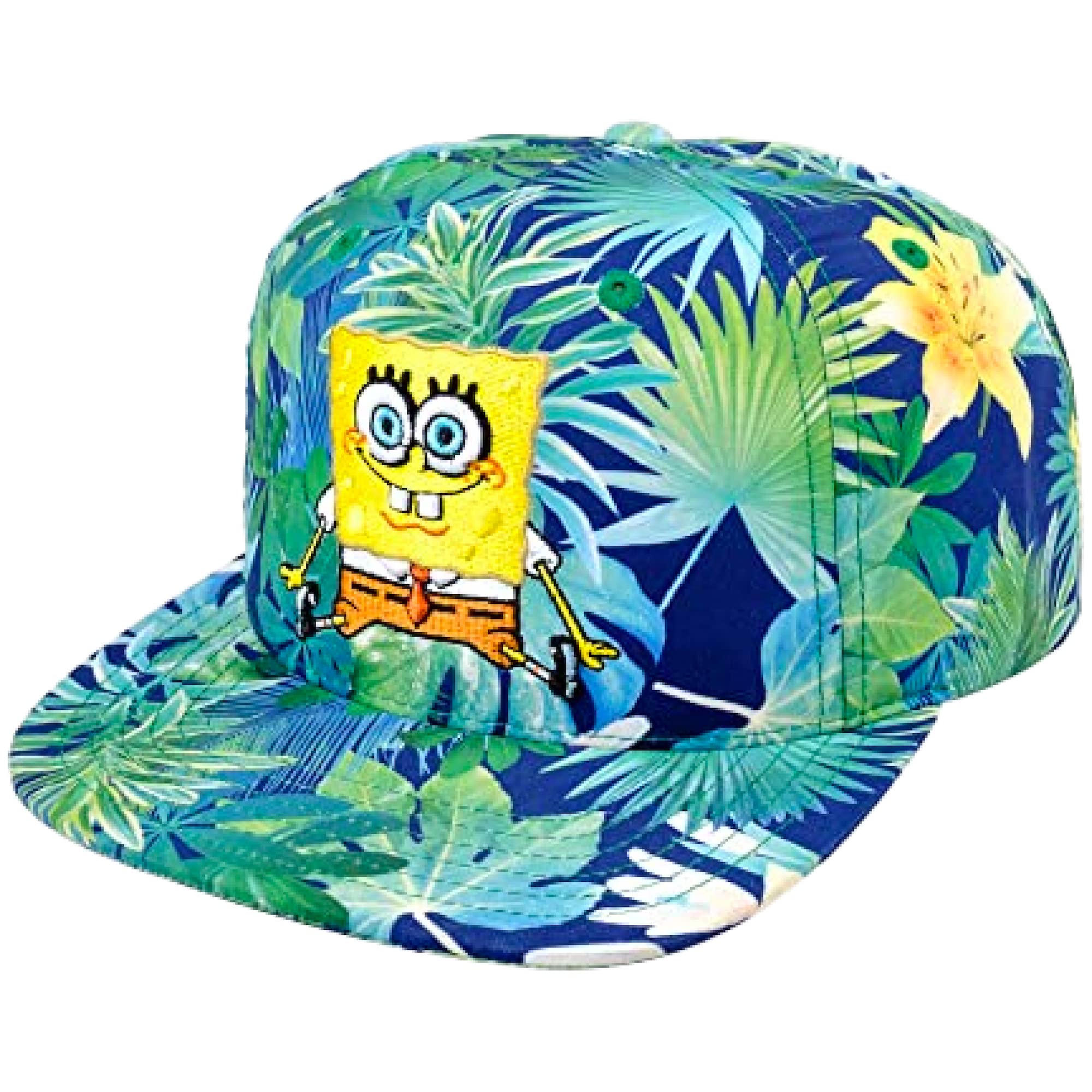 Spongebob Squarepants Baseball Cap, Tropical Floral Curved Brim Adjustable Snapback Hat, Blue and Green, One Size